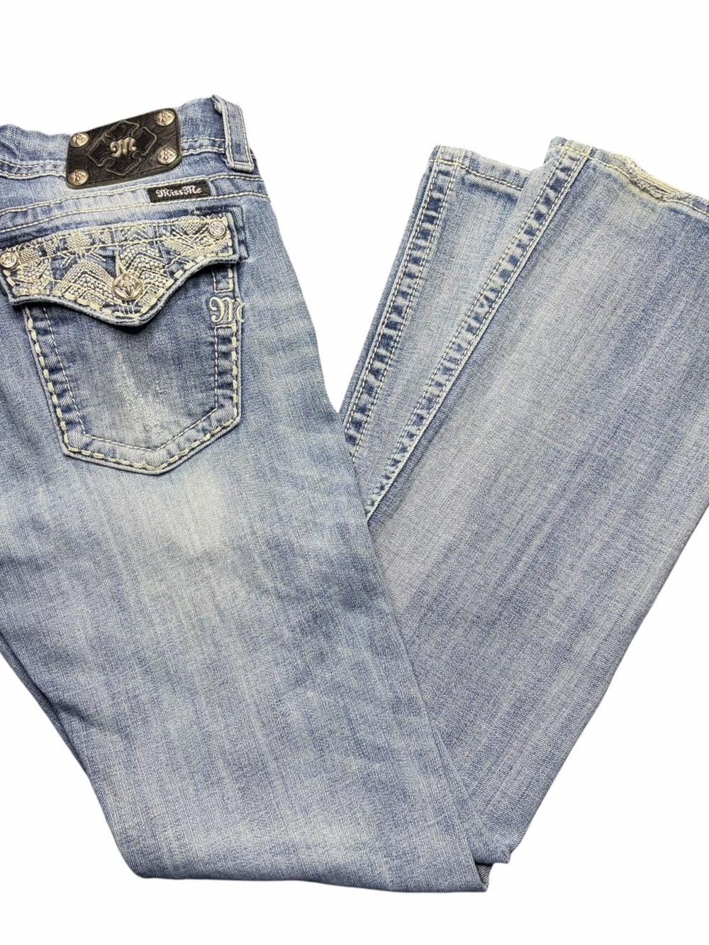 Vintage Miss Me Signature Boot Cut Jeans Womens 30x32 Y2K Blue Rhinestone